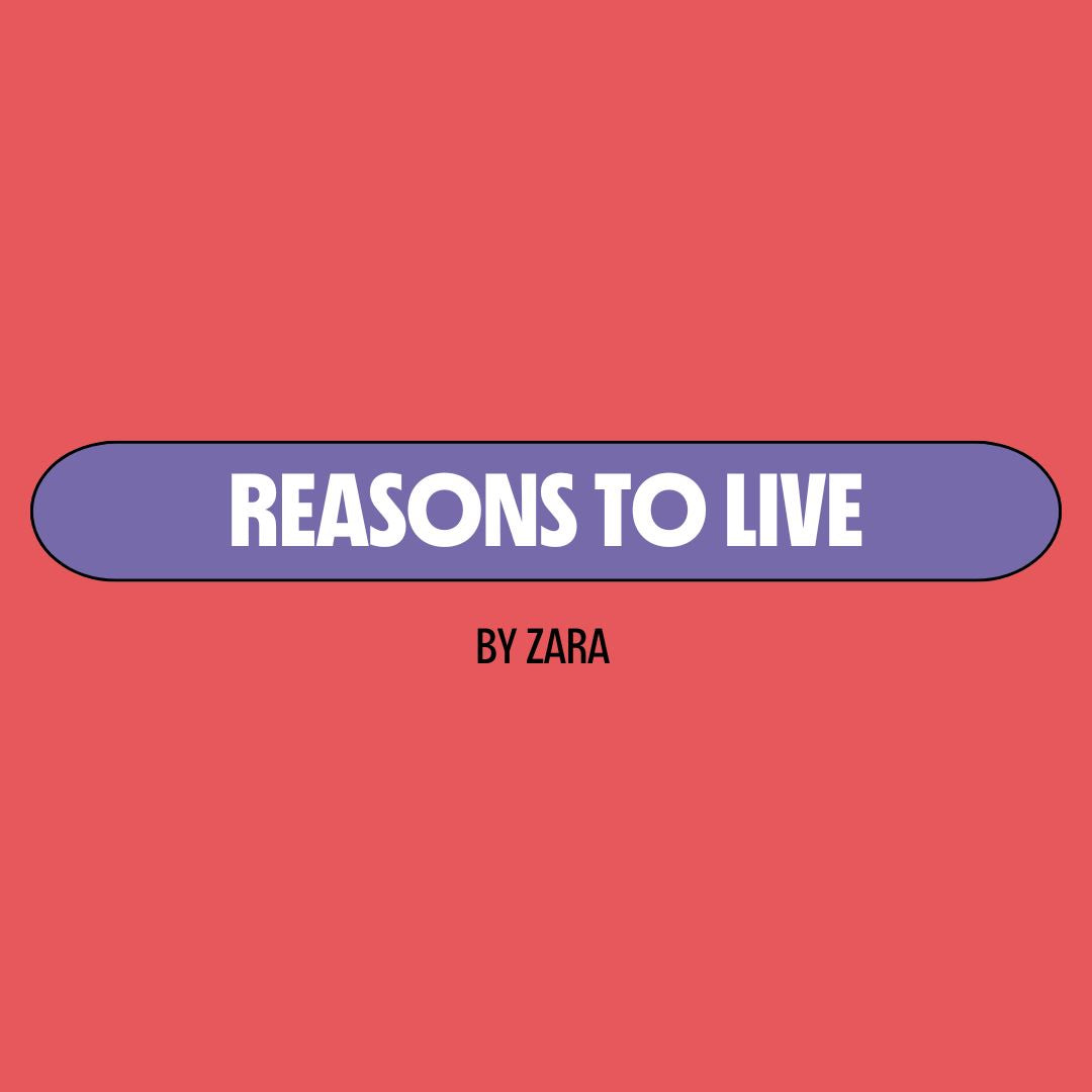 Red background with a purple text box containing white writing that reads: "reasons to live." Underneath is black writing that reads: "by Zara."