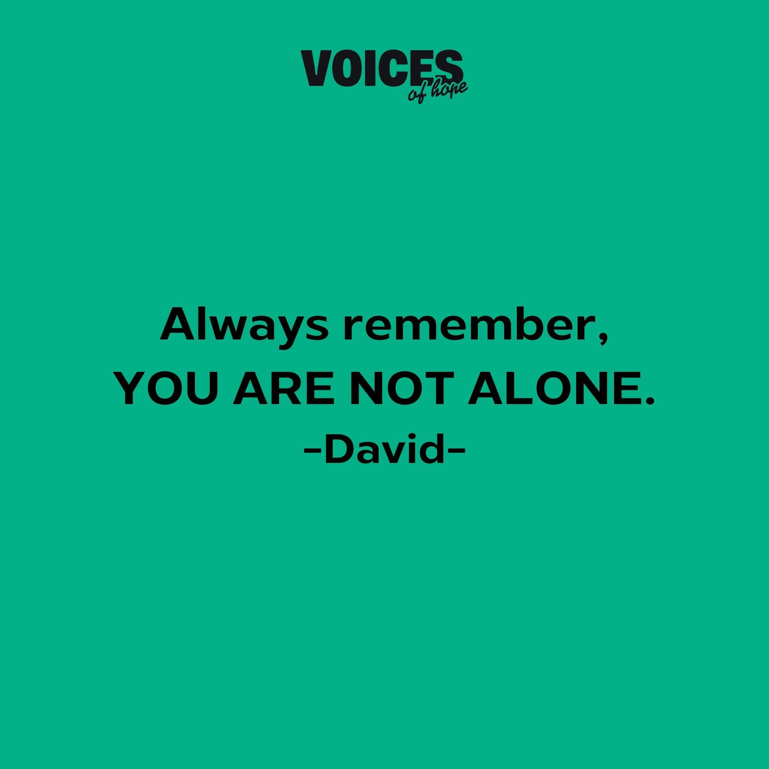 Green background with black writing that reads: "always remember, YOU ARE NOT ALONE. David."